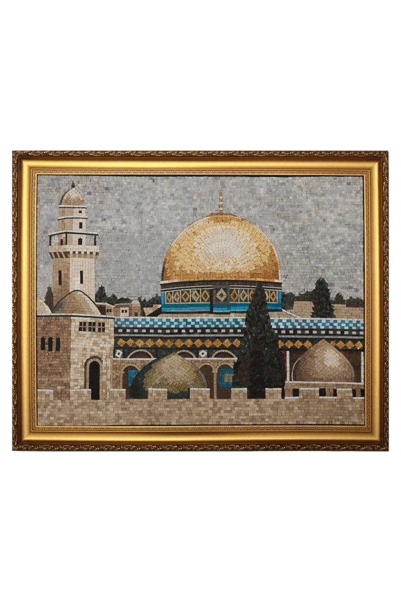 Dome of the Rock Art Mosaic Stone Panel Large Size Gold Frame Zaytoon