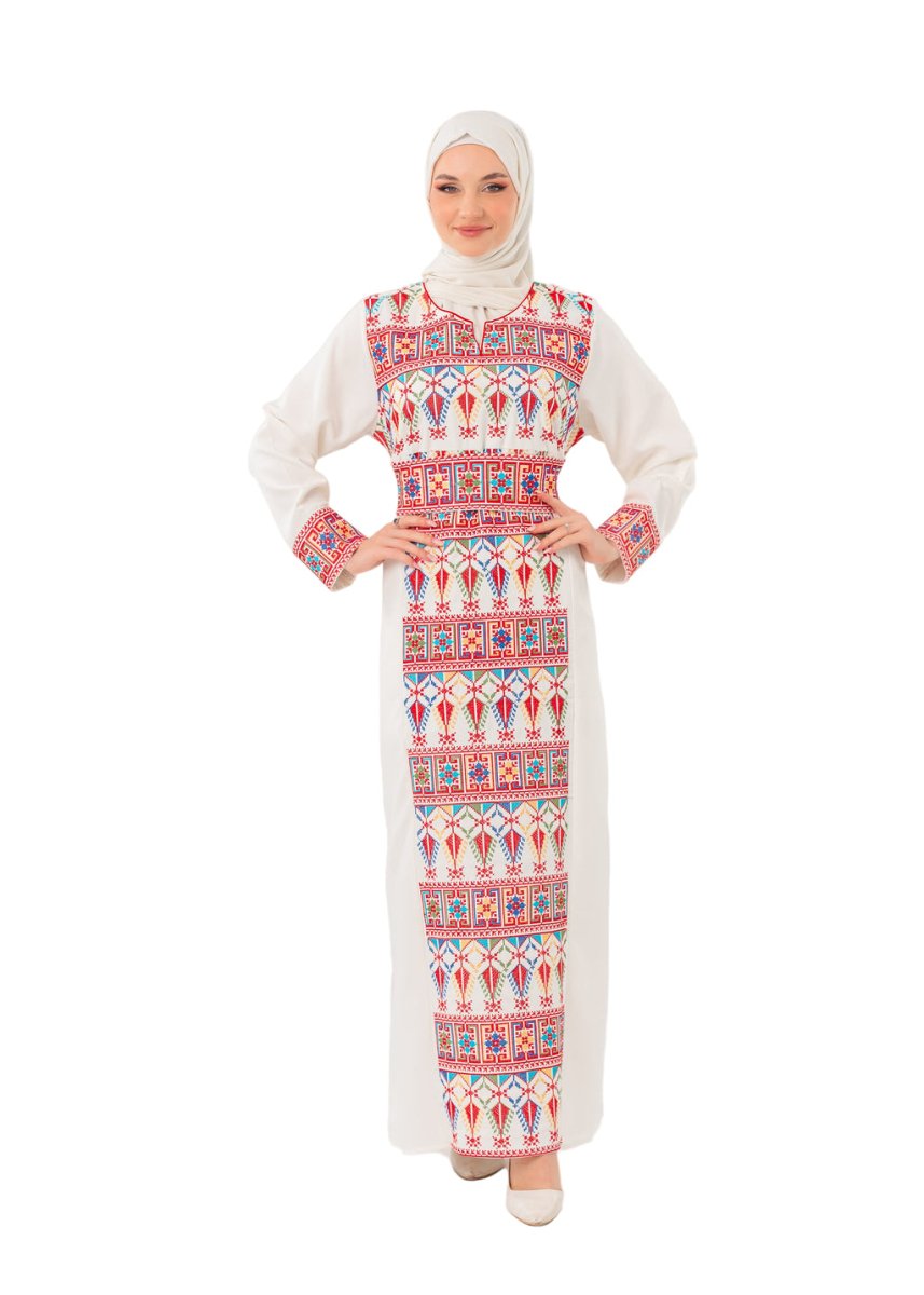 White Palestinian Thobe Colorful Tatreez – Embroidered Dress