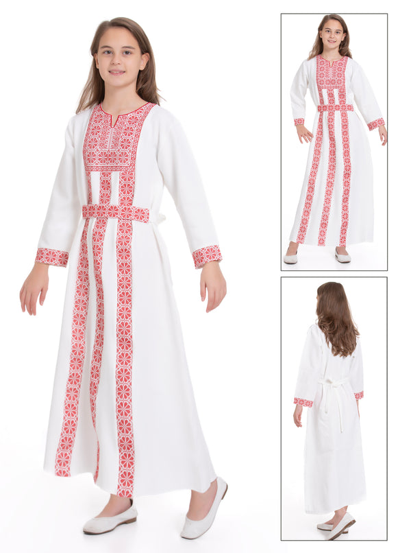 White Palestinian Kids Thobe Embroidered with Red Stripes