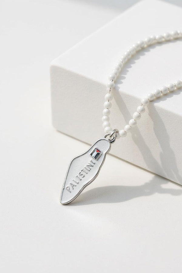 White Beaded Handmade Palestine Map Unisex Palestine Necklace 40 Cm J300011