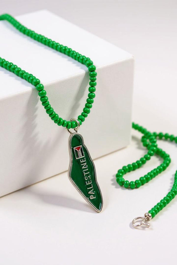 Green Beaded Handmade Palestine Map Unisex Palestine Necklace 40 Cm J300008