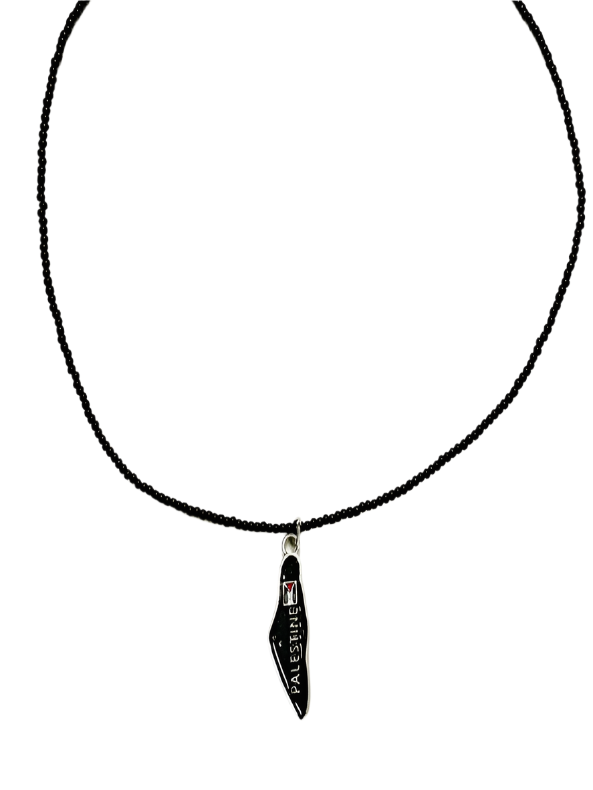 Black beaded necklace with a 'Palestine' pendant on a white background