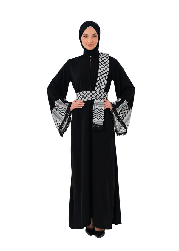 Zippered Palestinian Keffiyeh Patterned Wide Tasseled Sleeves Stand-Up Collar Black Palestinian Dress C100049