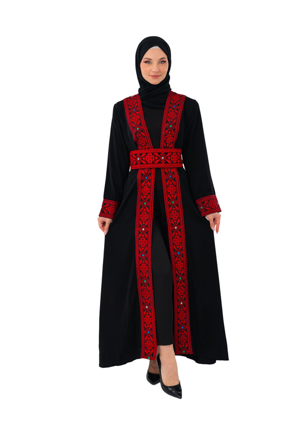 Palestine Red And Colorful Embroidered Black Palestine Long Abaya C100052