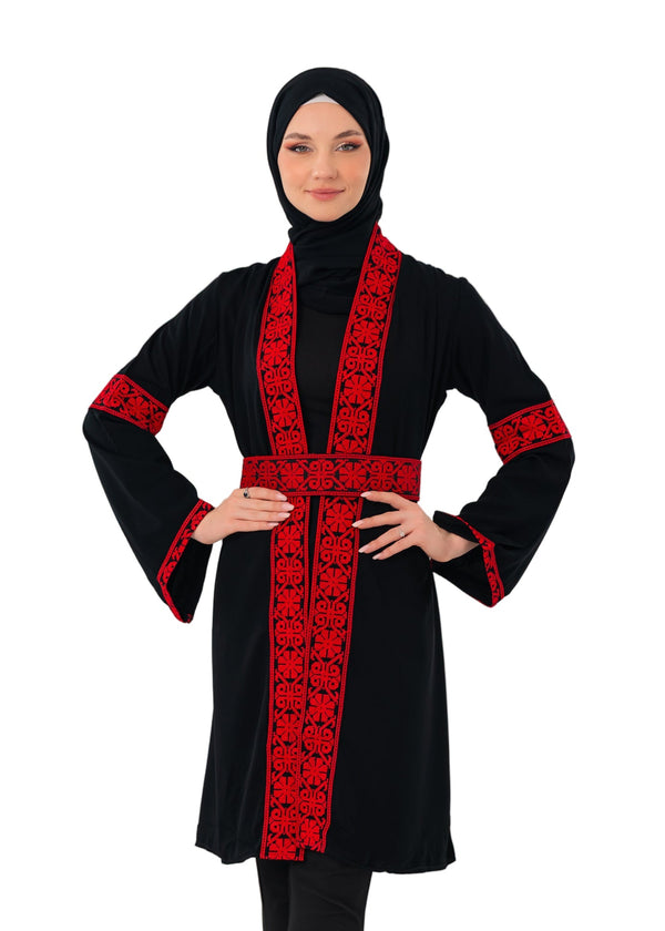 Palestine Red Embroidered Black Palestine Short Coat Abaya C100053