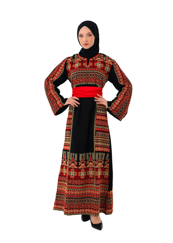 Black Color Red And Gold Palestine Embroidered Red Belted Dress C100054