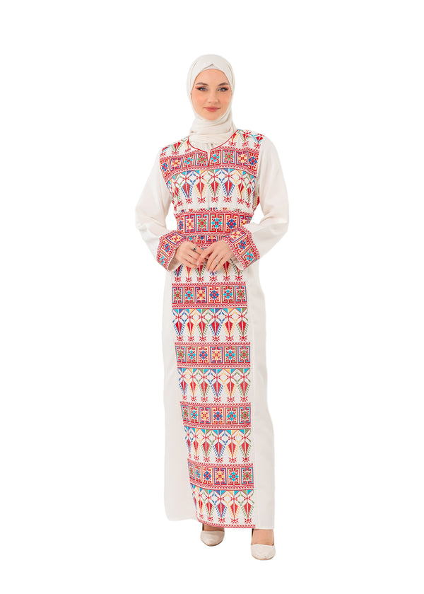 White Rhombus Palestine Embroidered Maxi Dress Thobe – Long Sleeve, Round Neck