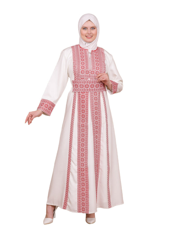 White Color Red Roses Palestinian Traditional Embroidered Dress C100056