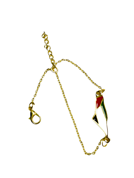 Carry a piece of the land of olives and history around your wrist with this elegant bracelet featuring a unique design. The bracelet showcases a central piece shaped like the map of Palestine, skillfully crafted and plated with gleaming gold, adding a touch of luxury and sophistication. The map is adorned with the vibrant colors of the Palestinian flag, making it a powerful and expressive symbol of national belonging and pride. A delicate, adjustable golden chain dangles from the bracelet to fit various wri