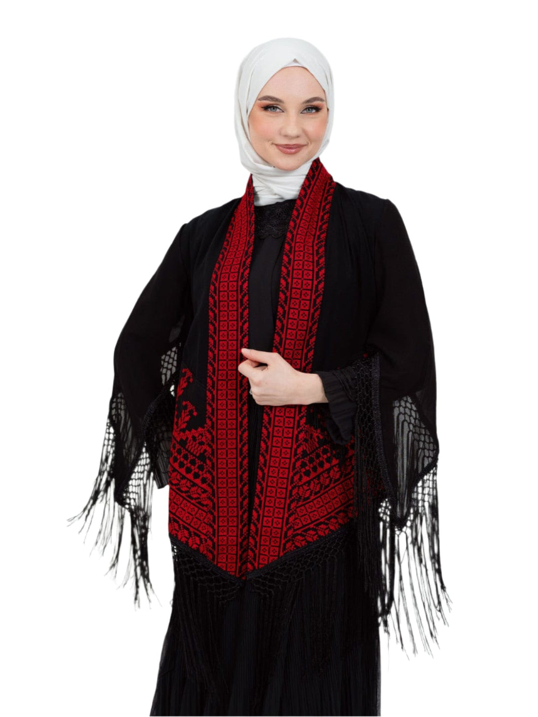 Shine with a touch of authenticity and heritage in this luxurious deep black jacket, adorned with rich and intricate Palestinian embroidery in vibrant red.