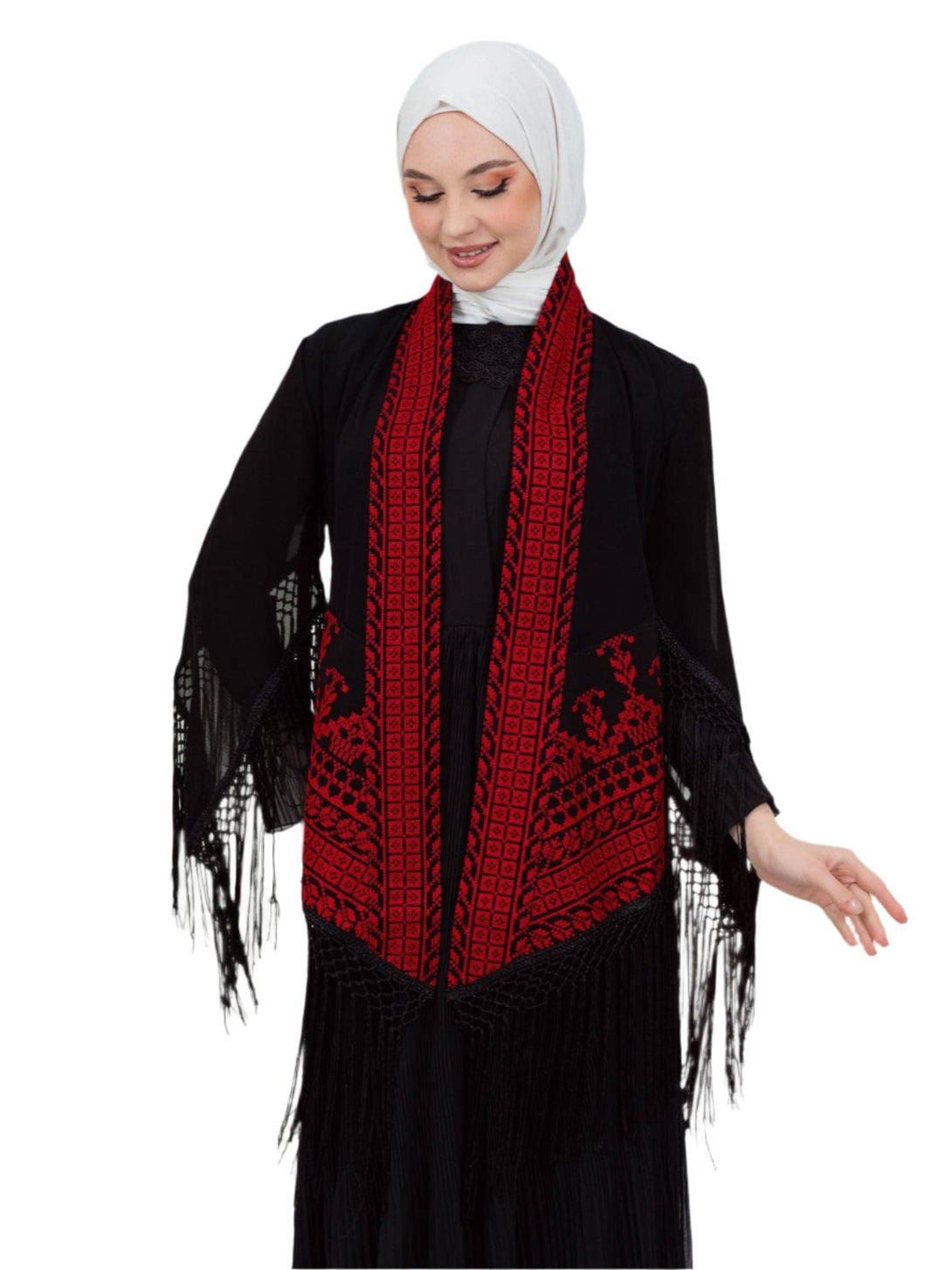 Shine with a touch of authenticity and heritage in this luxurious deep black jacket, adorned with rich and intricate Palestinian embroidery in vibrant red.