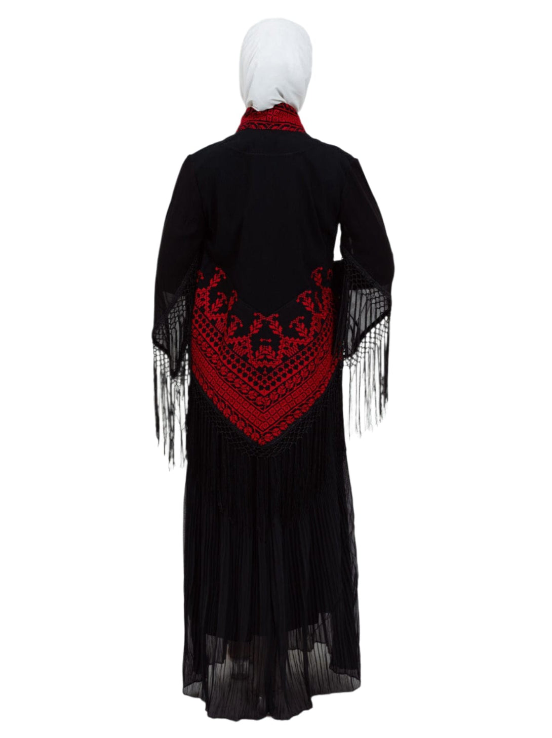 Shine with a touch of authenticity and heritage in this luxurious deep black jacket, adorned with rich and intricate Palestinian embroidery in vibrant red.