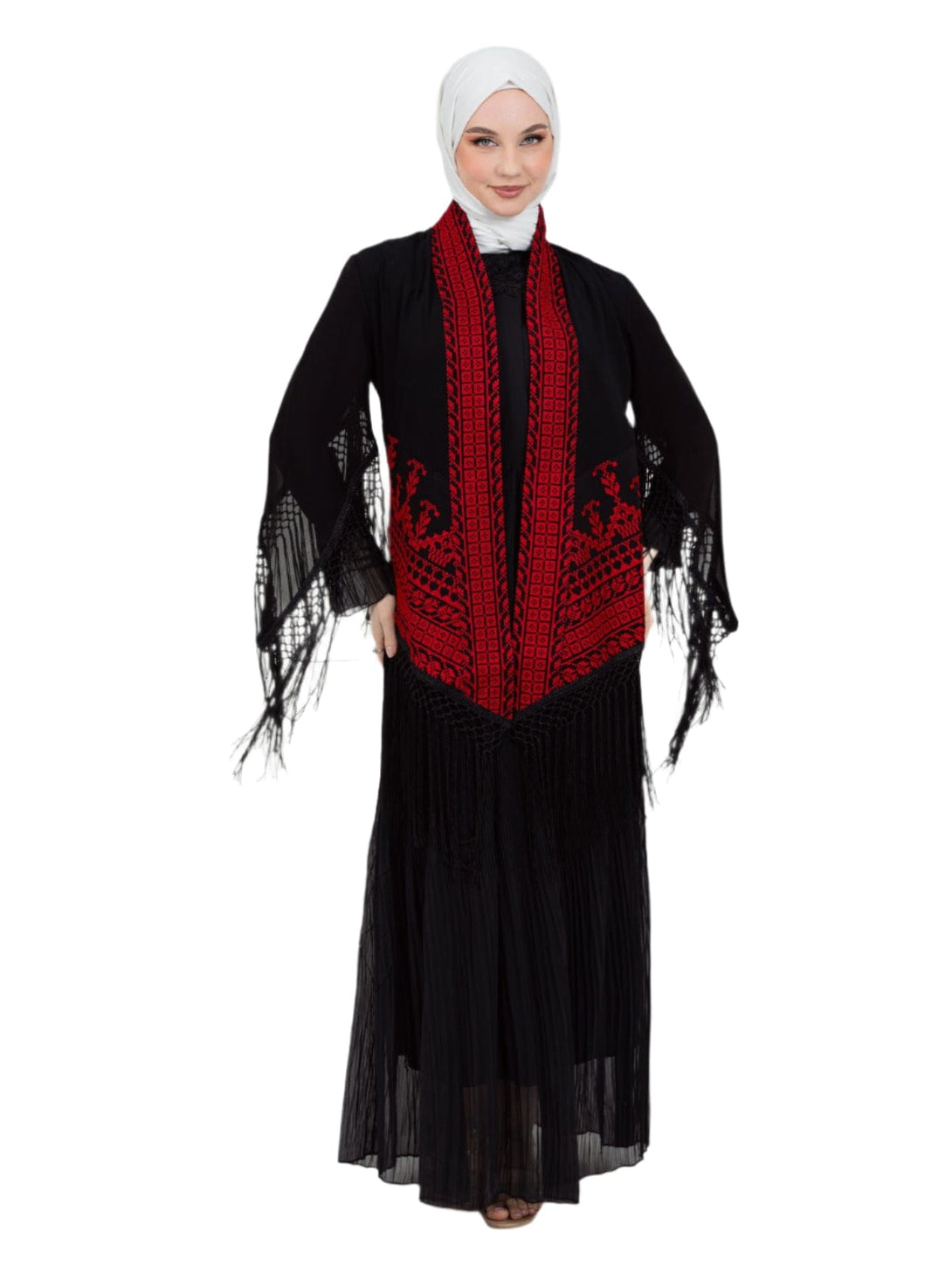 Shine with a touch of authenticity and heritage in this luxurious deep black jacket, adorned with rich and intricate Palestinian embroidery in vibrant red.