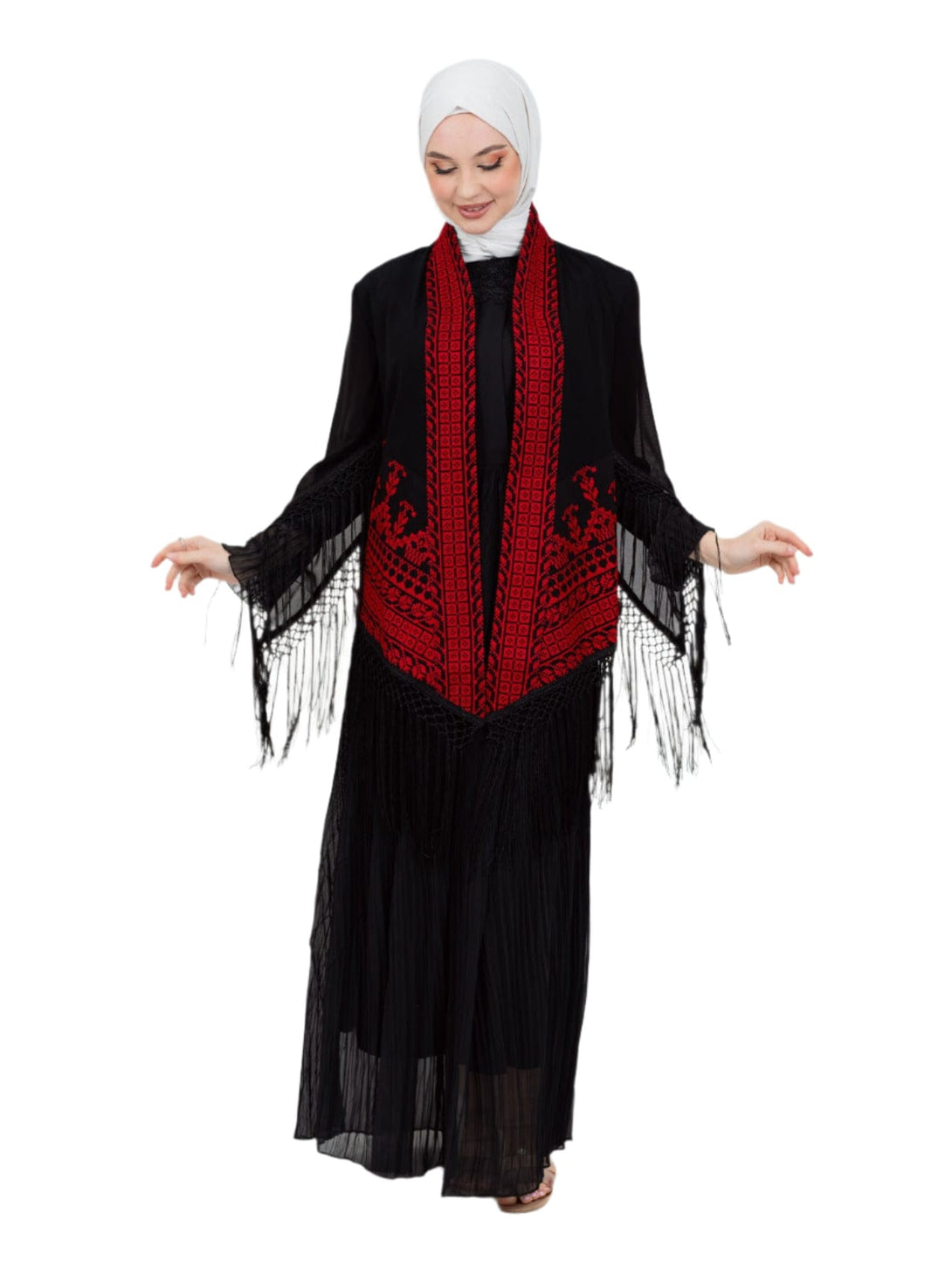 Shine with a touch of authenticity and heritage in this luxurious deep black jacket, adorned with rich and intricate Palestinian embroidery in vibrant red.