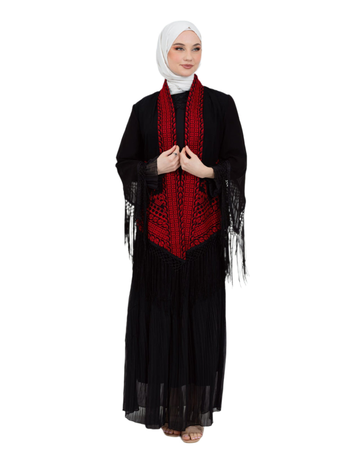 Shine with a touch of authenticity and heritage in this luxurious deep black jacket, adorned with rich and intricate Palestinian embroidery in vibrant red.