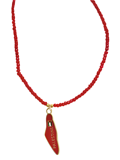 Red beaded necklace with a red pendant on a white background