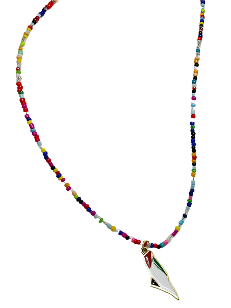 Colorful beaded necklace with a pendant on a white background