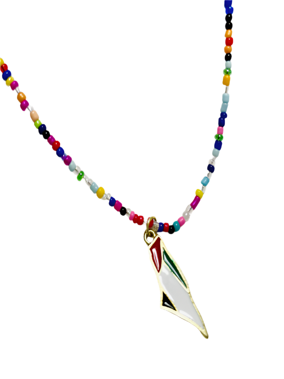 Necklace with colorful beads and a gold pendant on a white background