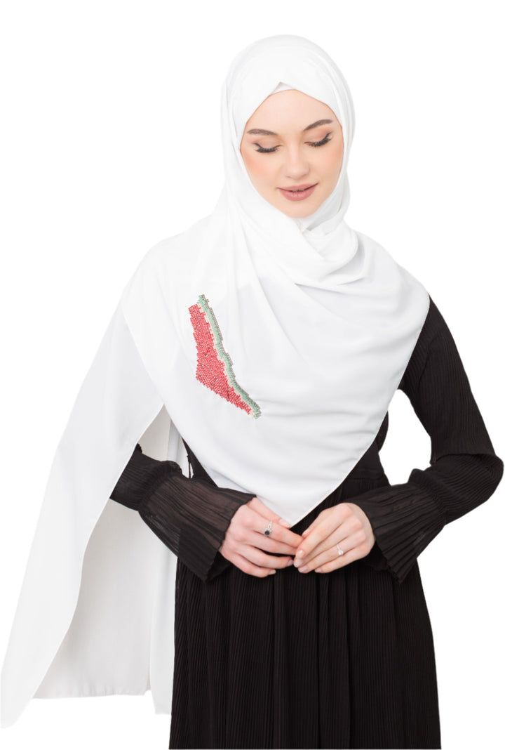 An elegant light grey Shawl&nbsp;, made from high-quality polyester and measuring 70 x 180 cm. It features unique and beautiful embroidery of the map of Palestine, in colors inspired by the watermelon (red, green, black, and white), which has become a symbol of resistance and connection to Palestinian identity. This Shawl adds a distinctive touch of elegance and deep meaning to your look.