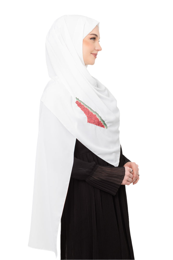 An elegant light grey Shawl&nbsp;, made from high-quality polyester and measuring 70 x 180 cm. It features unique and beautiful embroidery of the map of Palestine, in colors inspired by the watermelon (red, green, black, and white), which has become a symbol of resistance and connection to Palestinian identity. This Shawl adds a distinctive touch of elegance and deep meaning to your look.
