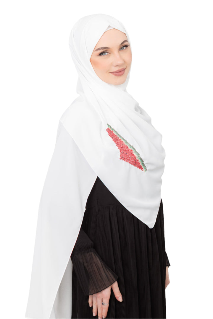 An elegant light grey Shawl&nbsp;, made from high-quality polyester and measuring 70 x 180 cm. It features unique and beautiful embroidery of the map of Palestine, in colors inspired by the watermelon (red, green, black, and white), which has become a symbol of resistance and connection to Palestinian identity. This Shawl adds a distinctive touch of elegance and deep meaning to your look.