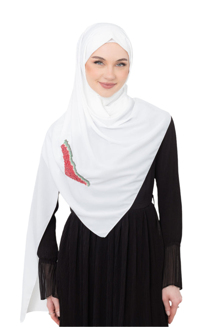 An elegant light grey Shawl&nbsp;, made from high-quality polyester and measuring 70 x 180 cm. It features unique and beautiful embroidery of the map of Palestine, in colors inspired by the watermelon (red, green, black, and white), which has be