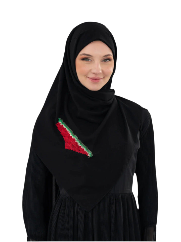 Wear your identity with pride and elegance.
This black shawl is made from soft, high-quality polyester and features a beautifully hand-embroidered map of Palestine in watermelon colors — red, green, white, and black — a symbol of heritage, resistance, and solidarity.