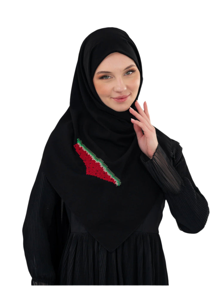 Wear your identity with pride and elegance.
This black shawl is made from soft, high-quality polyester and features a beautifully hand-embroidered map of Palestine in watermelon colors — red, green, white, and black — a symbol of heritage, resistance, and solidarity.