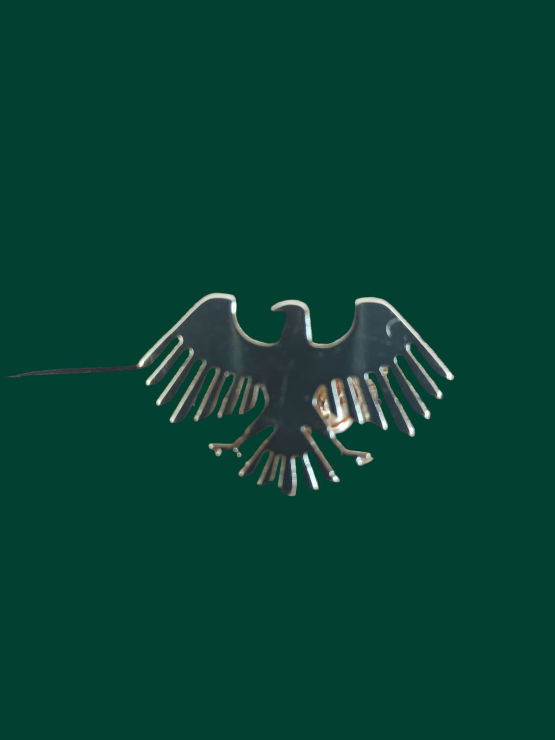 Metallic eagle emblem on a wooden surface