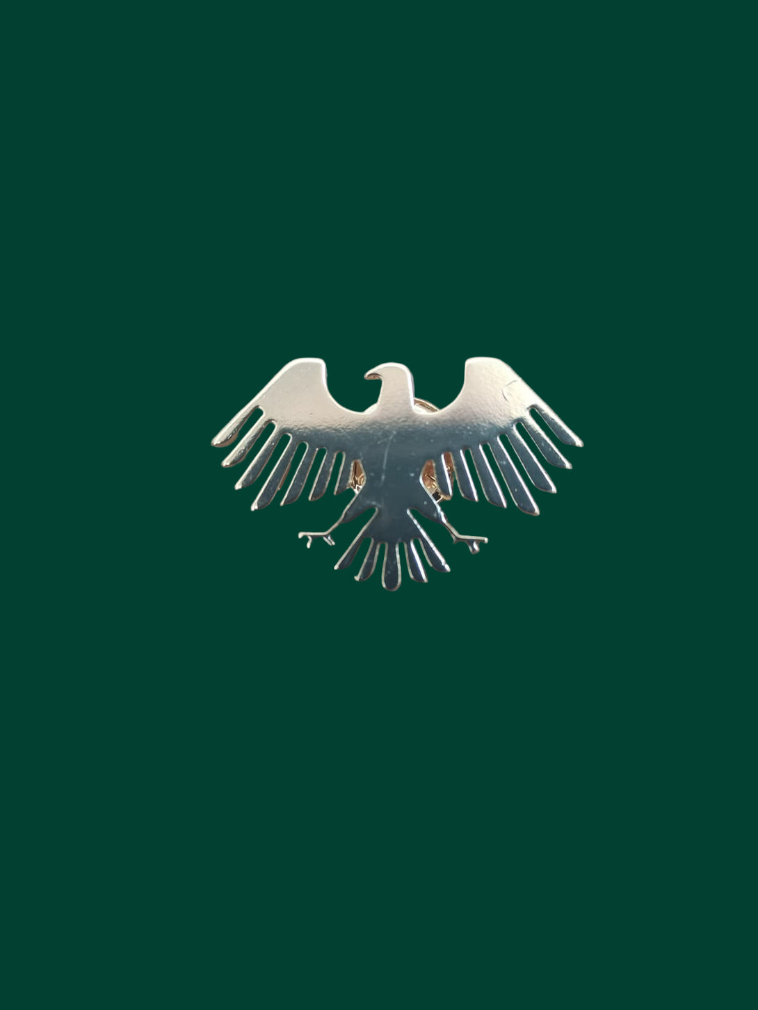 Metallic eagle emblem on a wooden surface