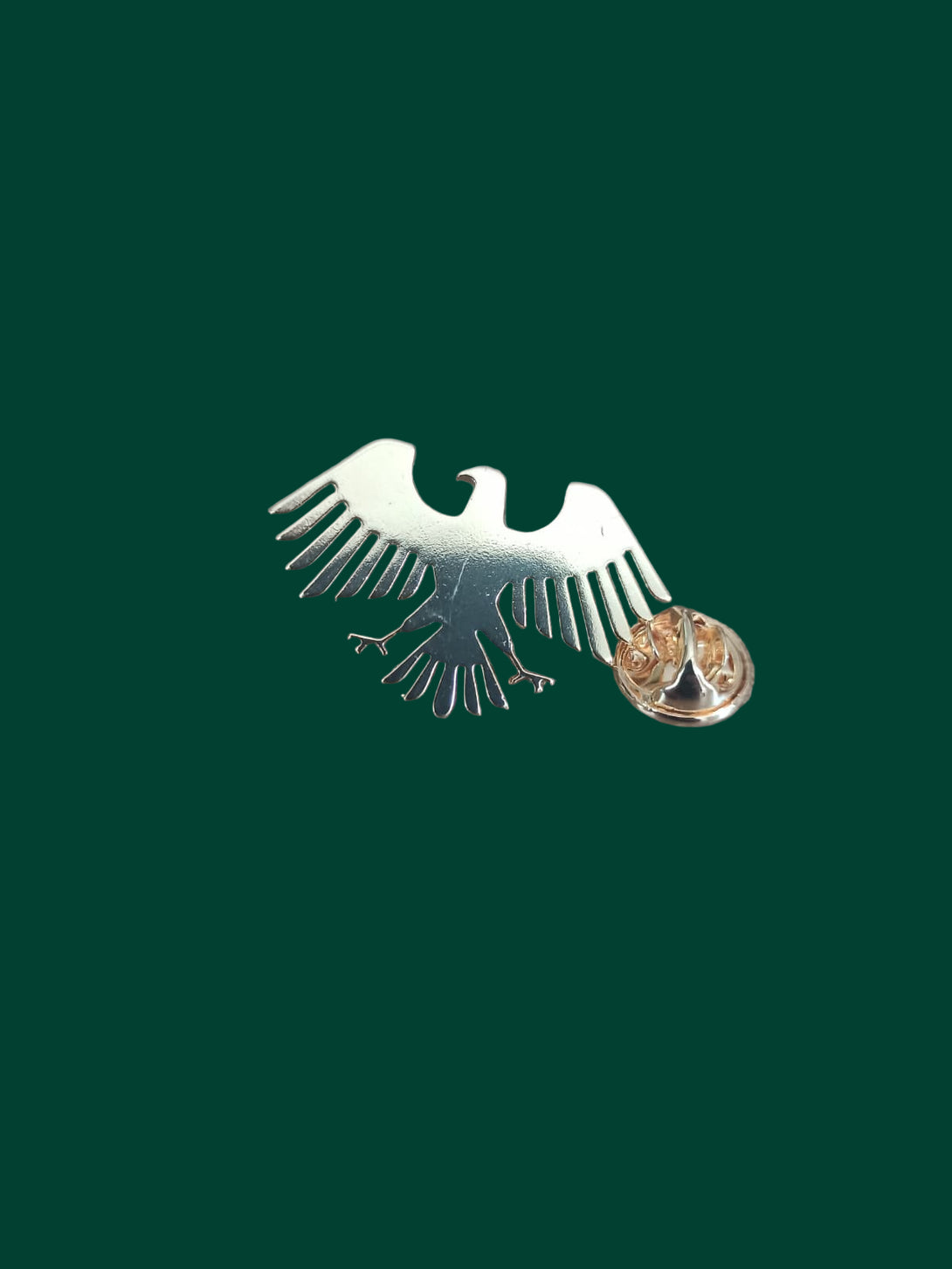 Metallic eagle emblem on a wooden surface