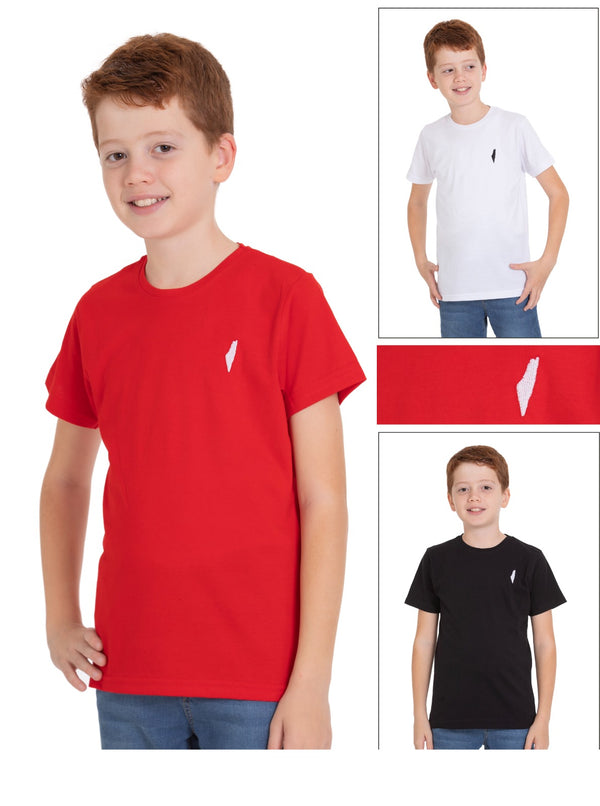 Cotton Kids T-Shirt Embroidered with Palestine Map
