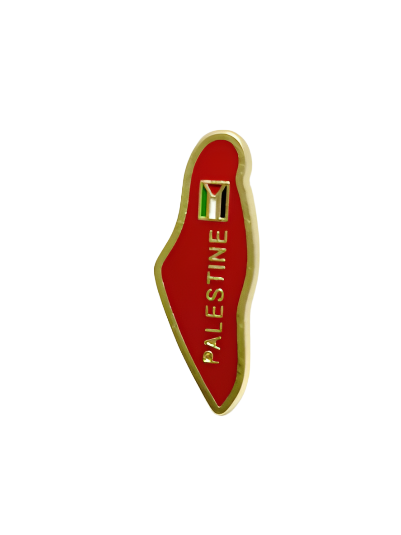 An elegant pin (brooch) shaped like the map of Palestine, designed in a vibrant red color that symbolizes sacrifice and courage, and encircled by a stylish golden frame that clearly highlights the map's outline. The Palestinian flag, with its vivid colors, is centered on the pin, and the word "PALESTINE" is clearly displayed in golden font on the side, making it a distinctive piece that expresses Palestinian identity and heritage.