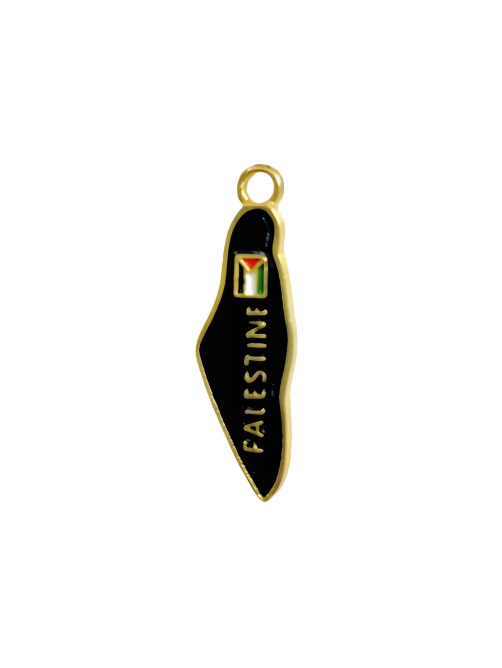 An elegant pin (brooch) shaped like the map of Palestine, designed in an elegant black color that symbolizes determination and steadfastness, and encircled by a stylish golden frame that clearly highlights the map's outline. The Palestinian flag, with its vivid colors, is centered on the pin, and the word "PALESTINE" is clearly displayed in golden font on the side, making it a distinctive piece that expresses Palestinian identity and heritage.