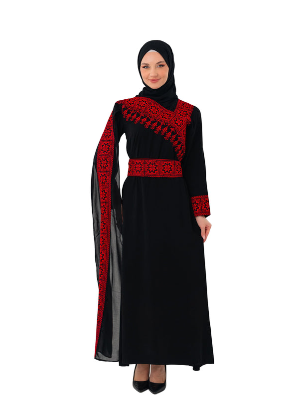 Sloping Shoulder Long And Open Sleeve Palestinian Embroidered Dress