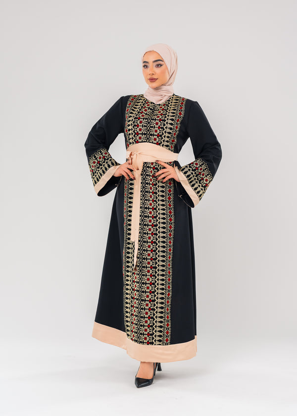 Black Palestinian Embroidered Thobe with Satin Belt