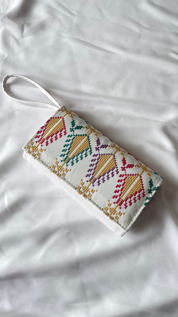 White Colored Gold And Colored Embroidered Snap Closure Womens Hand Wallet 1911 Cm A100020