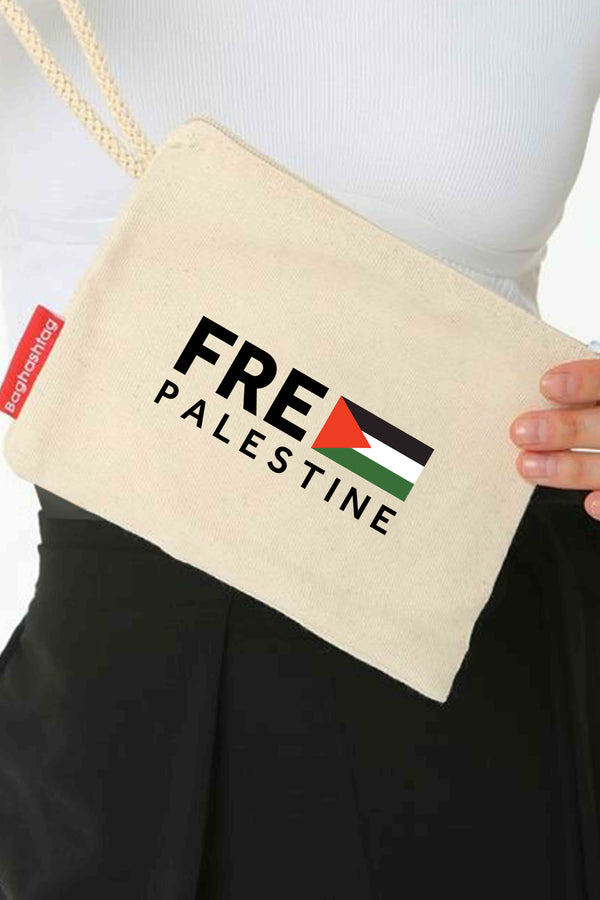 Zaytoon Gift Canvas Bag Traditional Palestinian "Free PALESTINE" with Flag Digital Printed Clutch Zipper Handbag