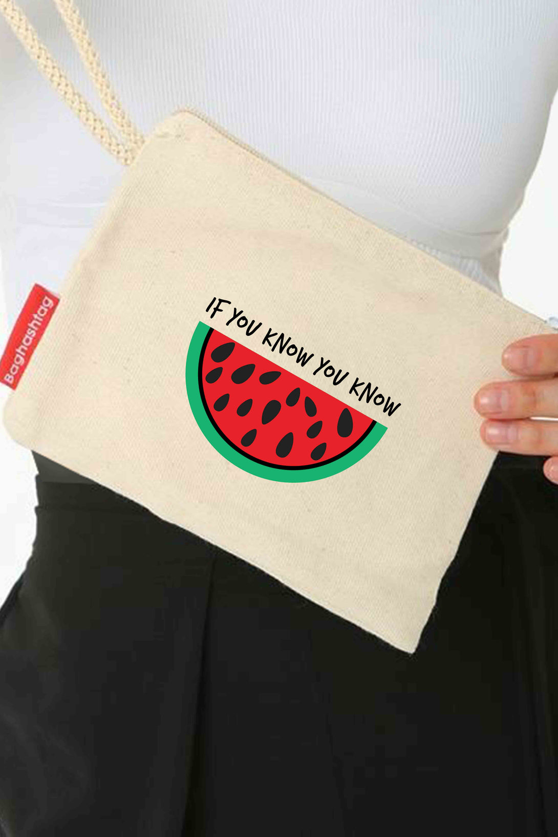 Zaytoon Gift Canvas Bag Traditional Palestinian Half Watermelon "IF YOU KNOW YOU KNOW" Digital Printed Clutch Zipper Handbag