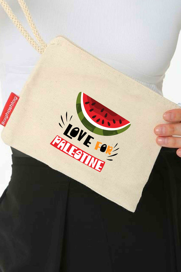 Zaytoon Gift Canvas Bag Traditional Palestinian Half Watermelon "LOVE FOR PALESTINE" Digital Printed Clutch Zipper Handbag