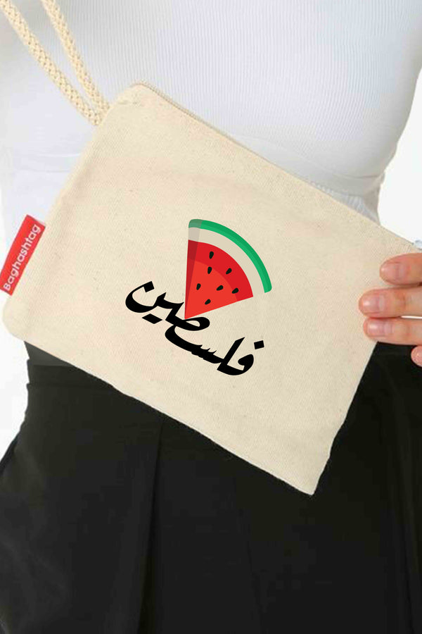 Zaytoon Gift Canvas Bag Traditional Palestinian Triangle Watermelon Slices + Arabic "Palestine" Digital Printed Clutch Zipper Handbag