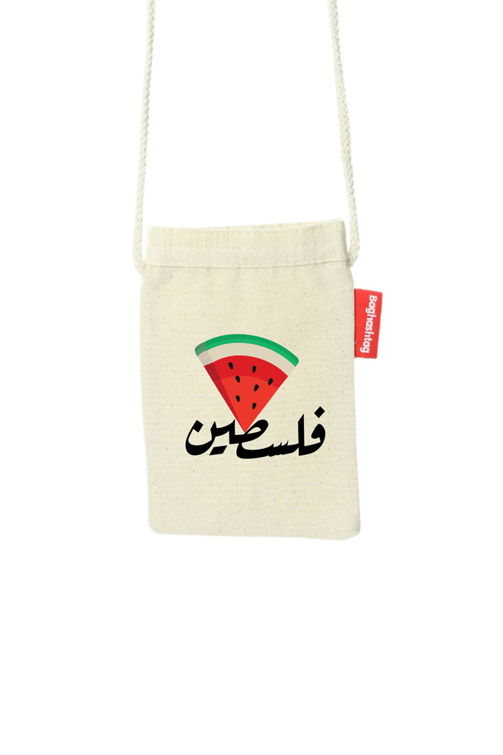 Zaytoon Gift Canvas Bag Traditional Palestinian Triangle Watermelon Slices + Arabic "Palestine" Digital Printed Fabric Zipper Phone Bag