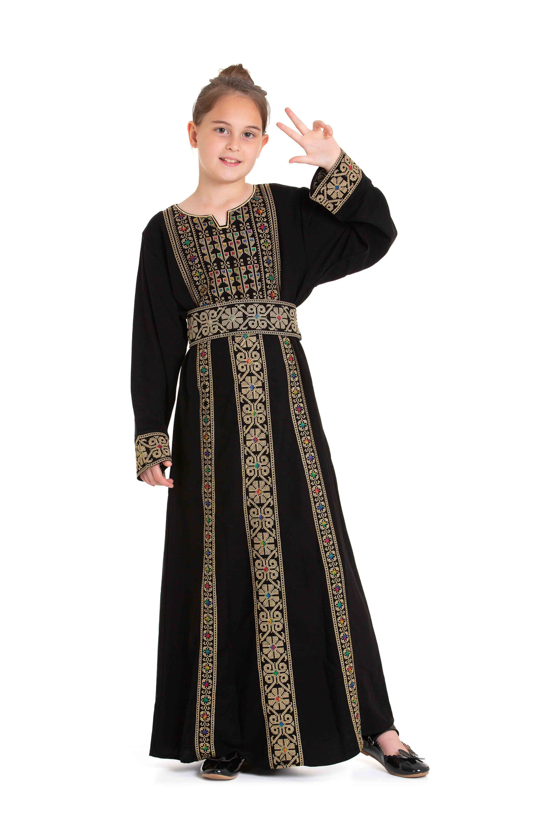 Zaytoon Gift Children's Dress Girls traditional Palestinian Thobe with Gold embroidery