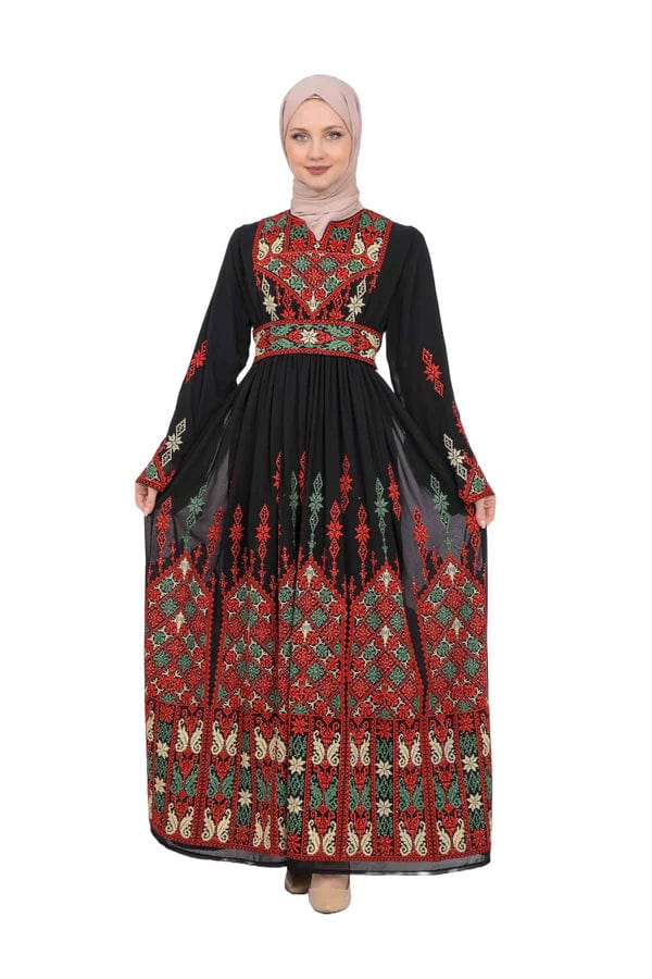 Zaytoon Gift Dress Red / M Zaytoon® Black Chiffon Traditional Palestinian Embroidered Thobe