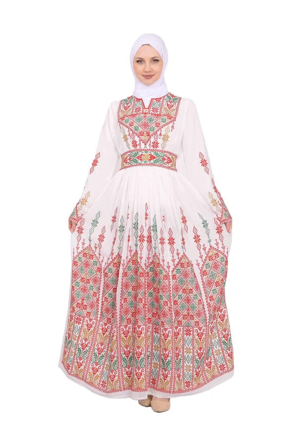 Zaytoon Gift Dress White / M Zaytoon® White Chiffon Traditional Palestinian Embroidered Thobe