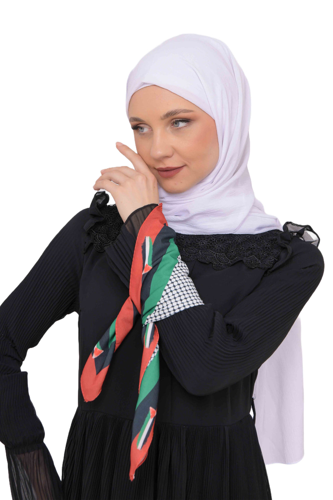 Zaytoon Gift Foular Palestinian keffiyeh scarf with red border and flag