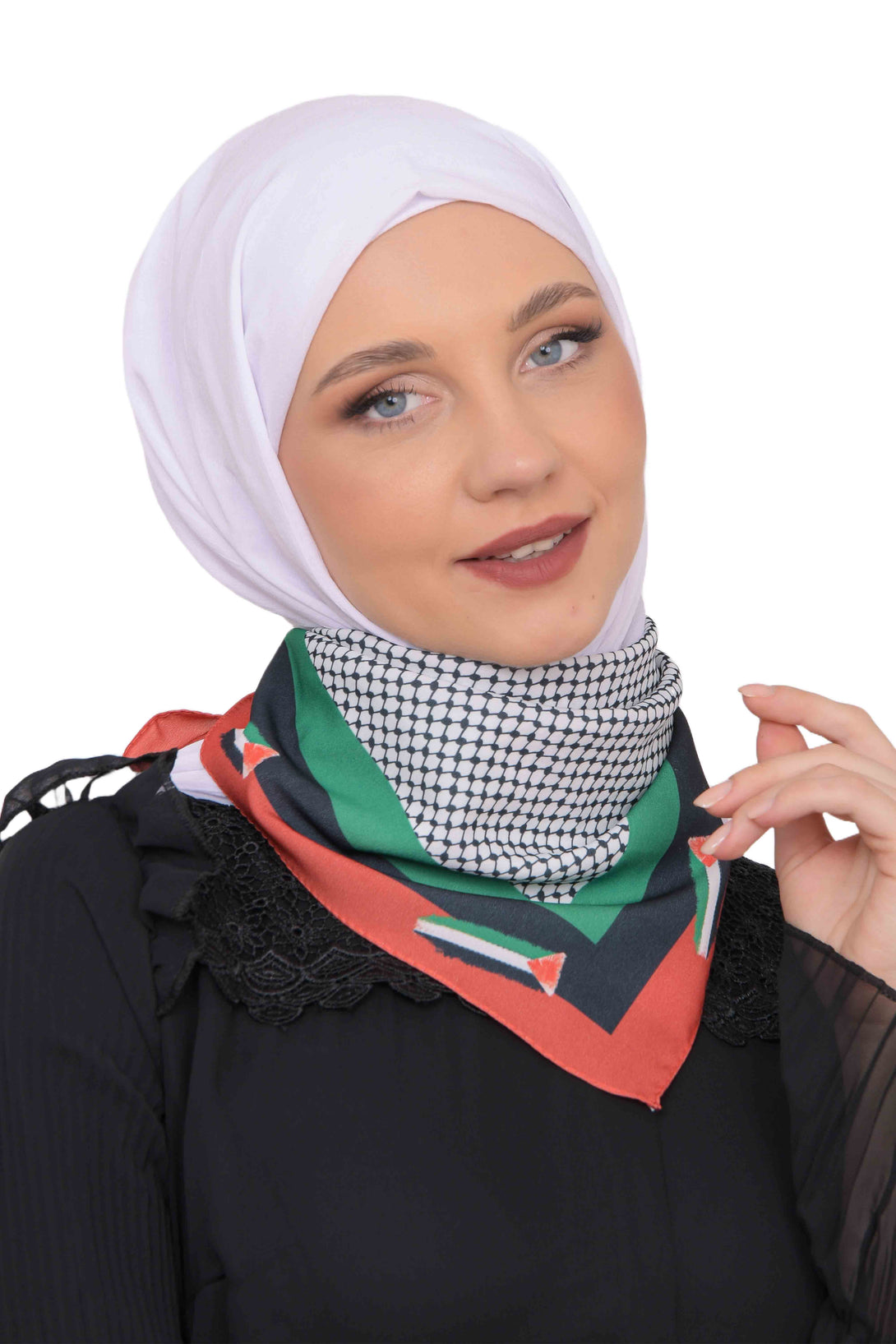 Zaytoon Gift Foular Palestinian keffiyeh scarf with red border and flag