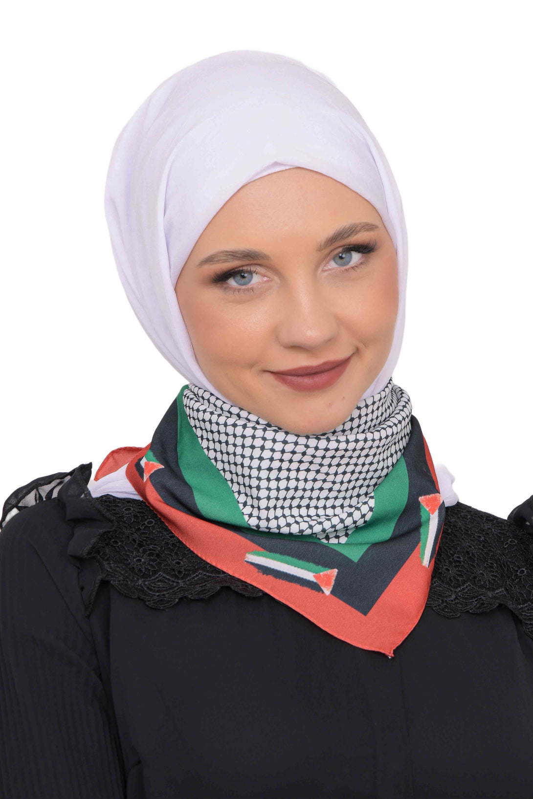 Zaytoon Gift Foular Palestinian keffiyeh scarf with red border and flag