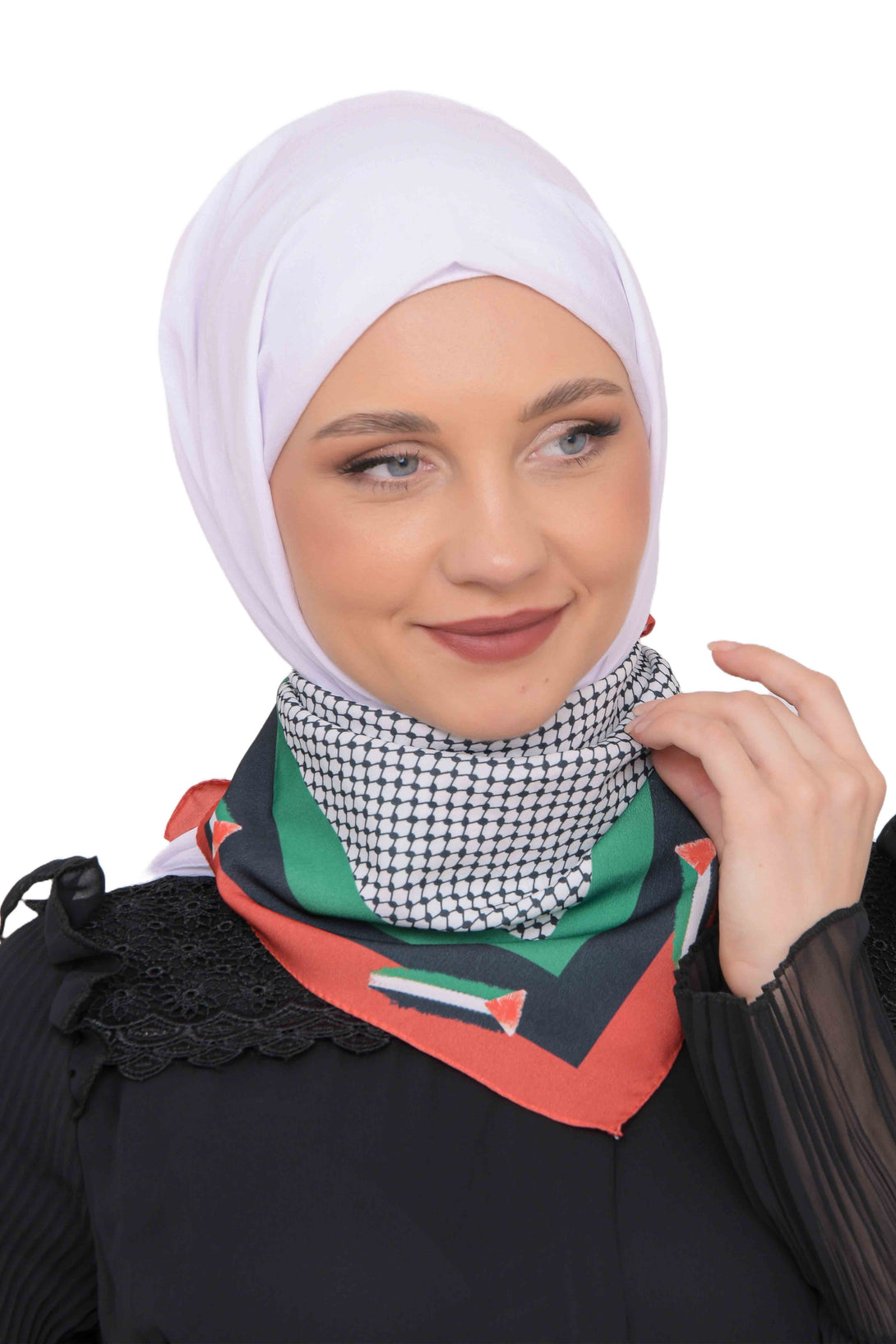 Zaytoon Gift Foular Palestinian keffiyeh scarf with red border and flag