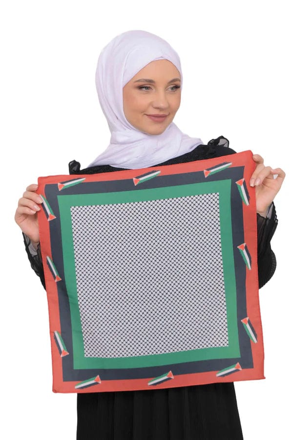 Zaytoon Gift Foular Palestinian keffiyeh scarf with red border and flag